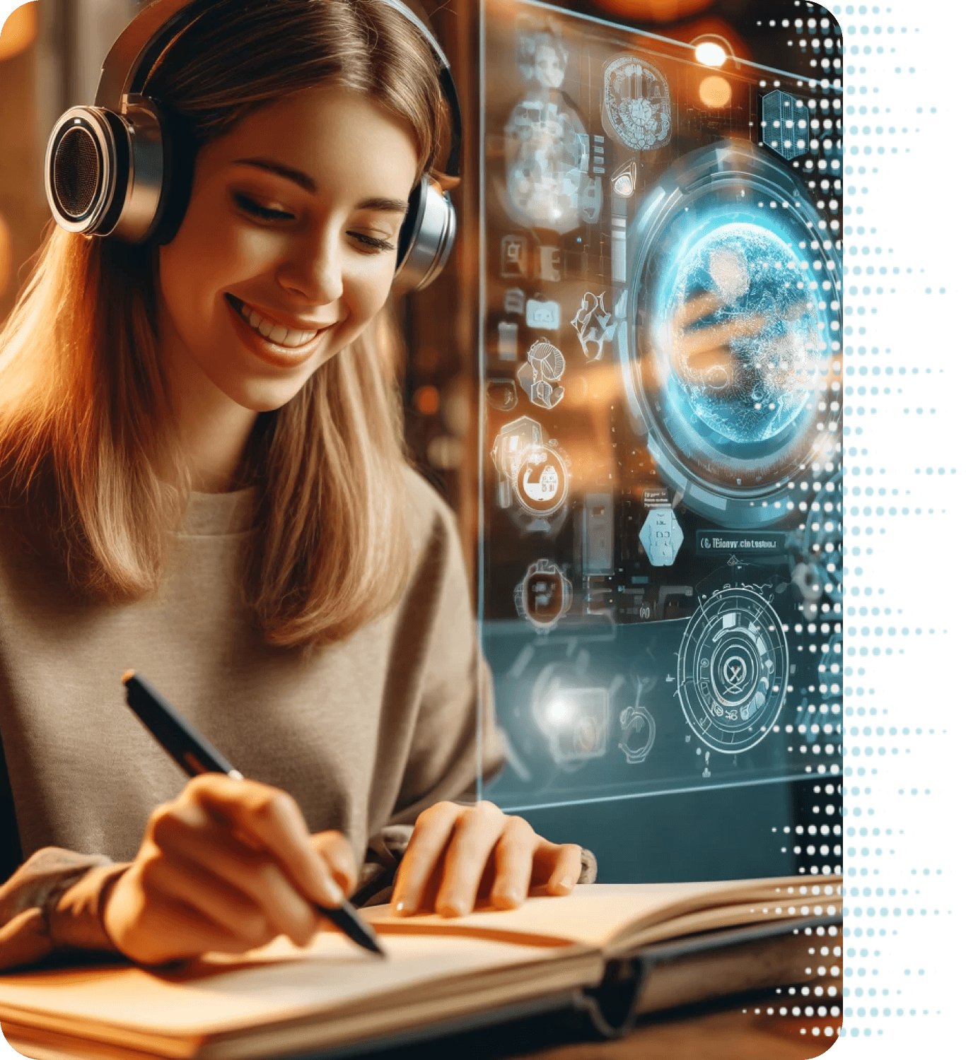 Mujer con auriculares frente a una pantalla virtual de tecnología interactuando con gráficos y mapas globales, anotando en su cuaderno.